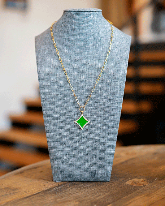 Green Pave Pendant Paperclip Necklace